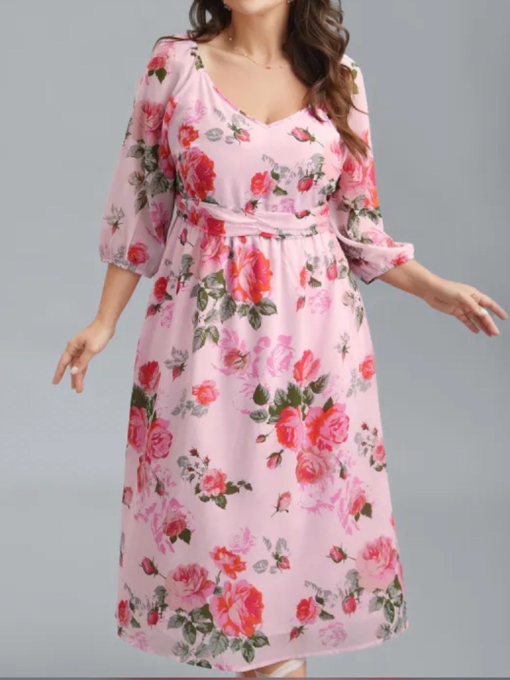 BloomChic Floral Print v Neck Dress with Pink & Red Blooms Size 1X 14-16